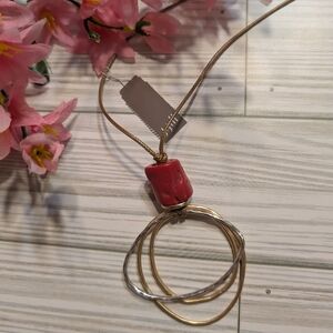 NWT J. JILL Hammered Gold and Silver Pendant with Rose Stone Necklace